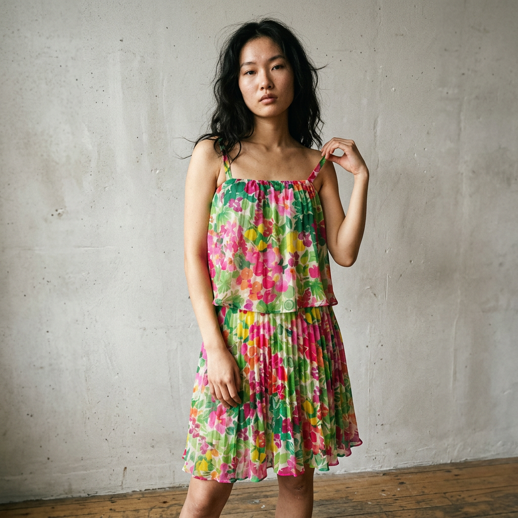 Mixed Floral Pleated Mini Dress