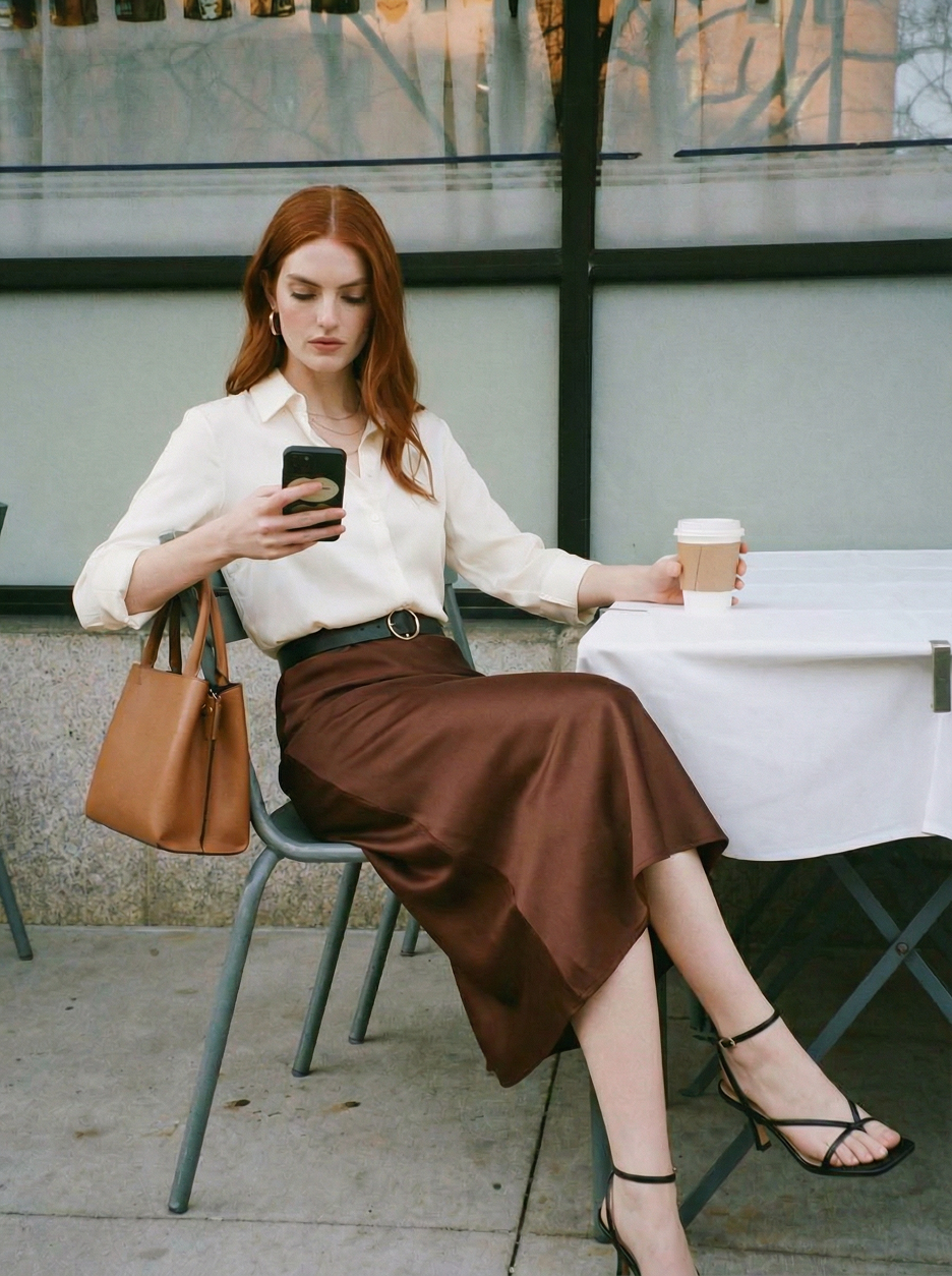 Silk Satin Midi Skirt Brown
