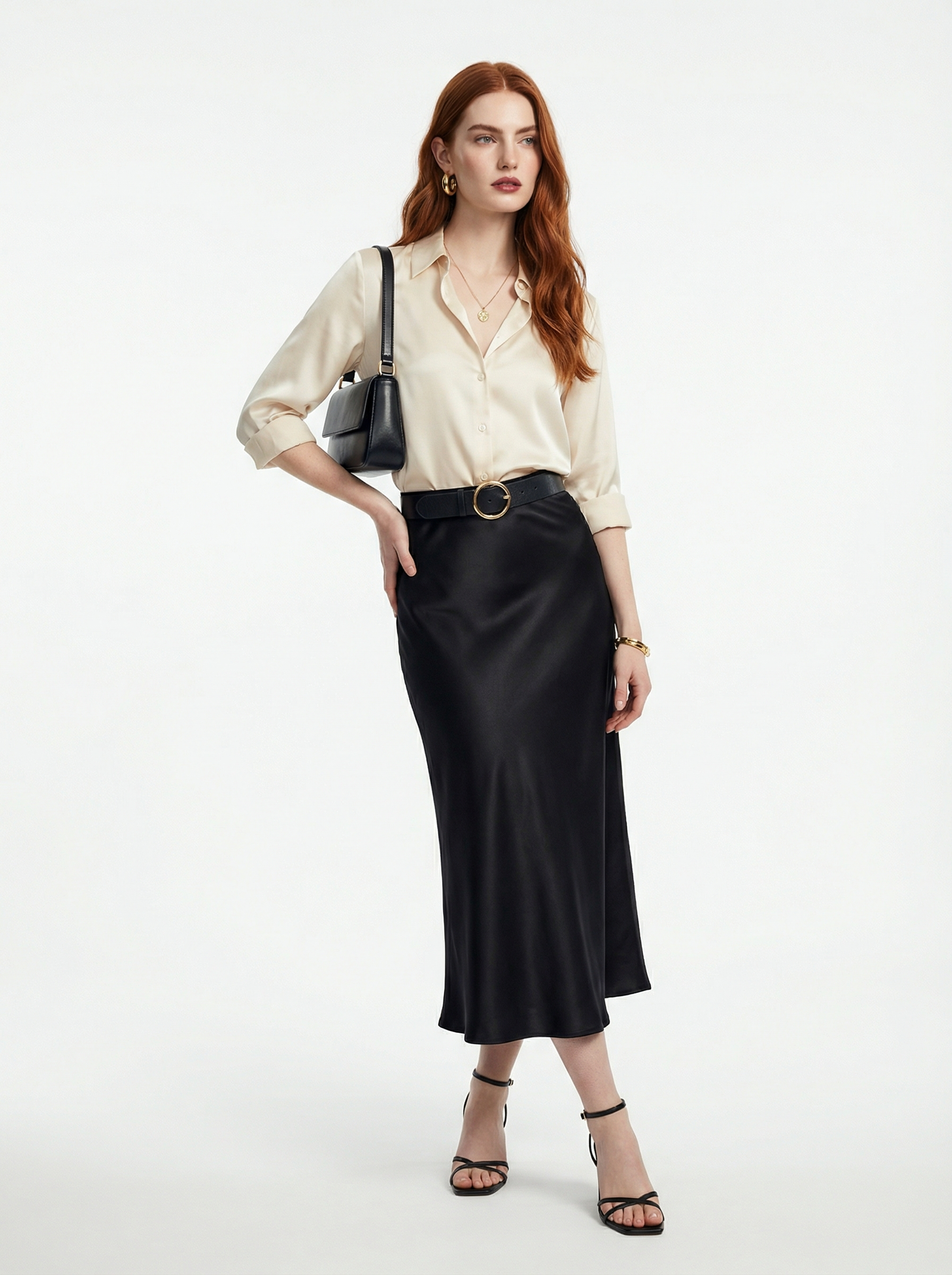 Silk Satin Midi Skirt Black