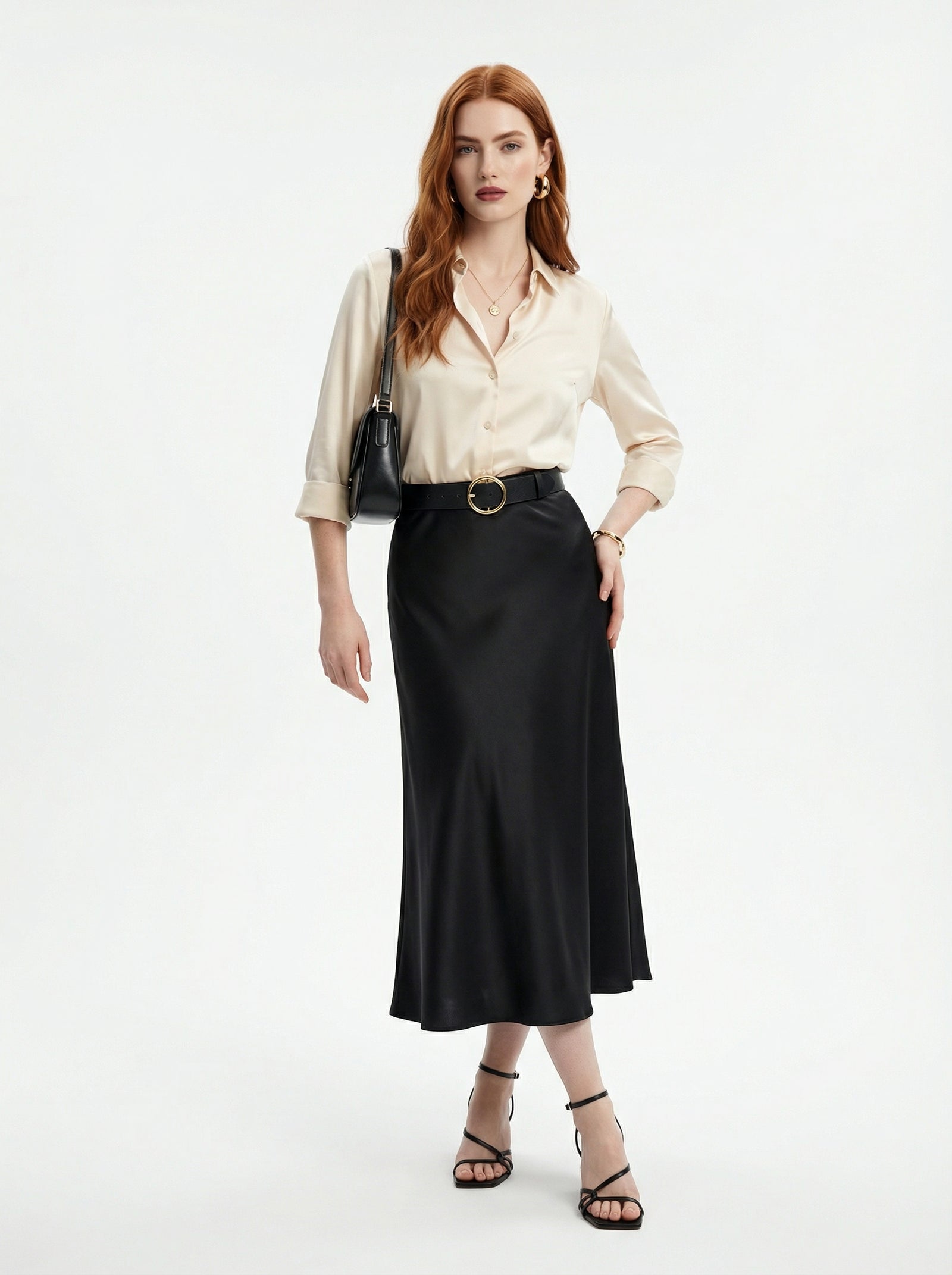 Silk Satin Midi Skirt Black