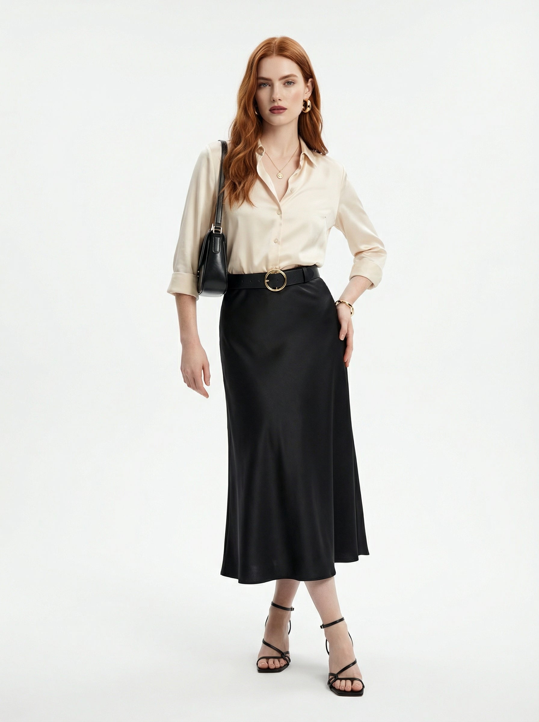 Silk Satin Midi Skirt Black