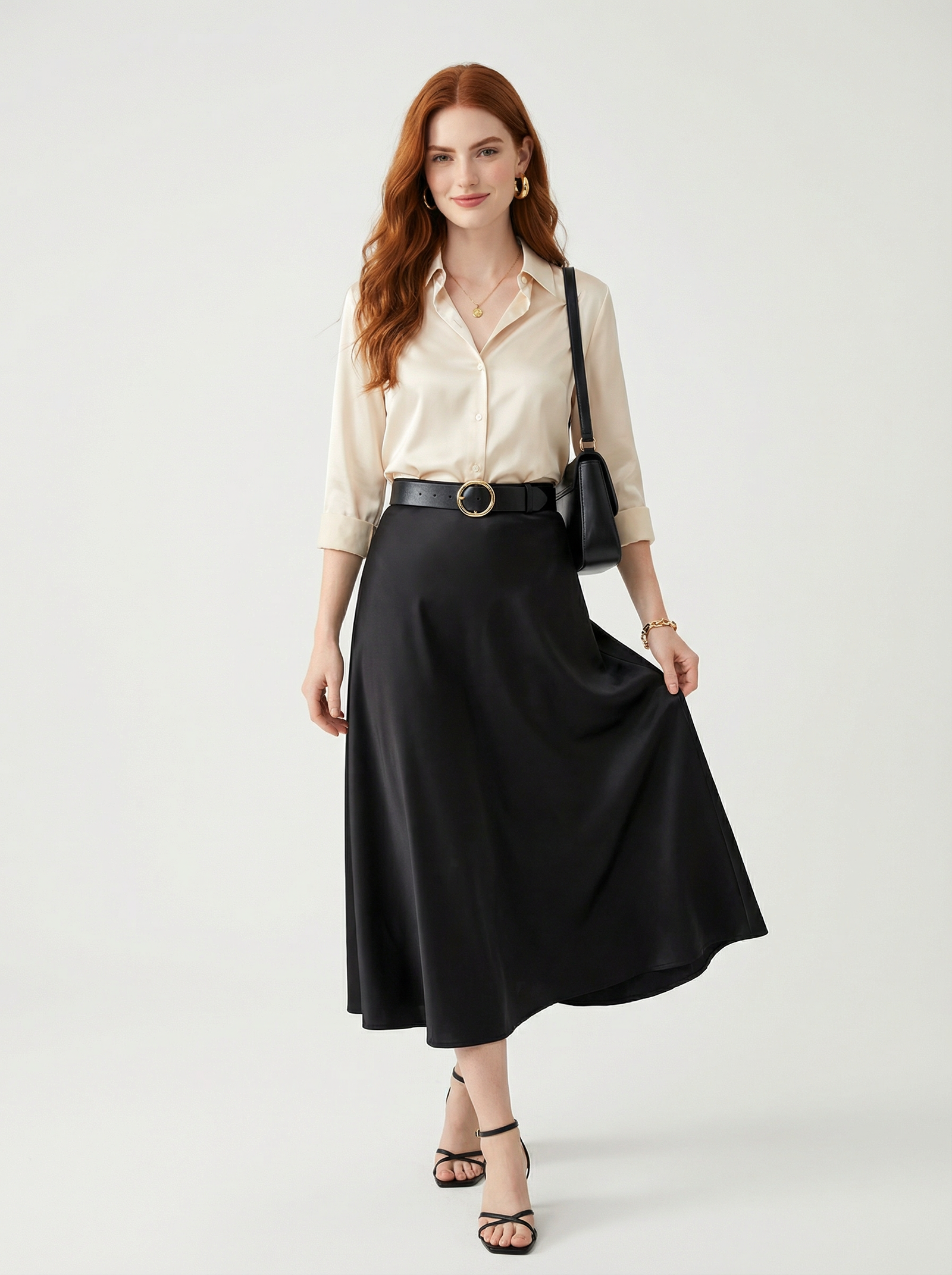Silk Satin Midi Skirt Black