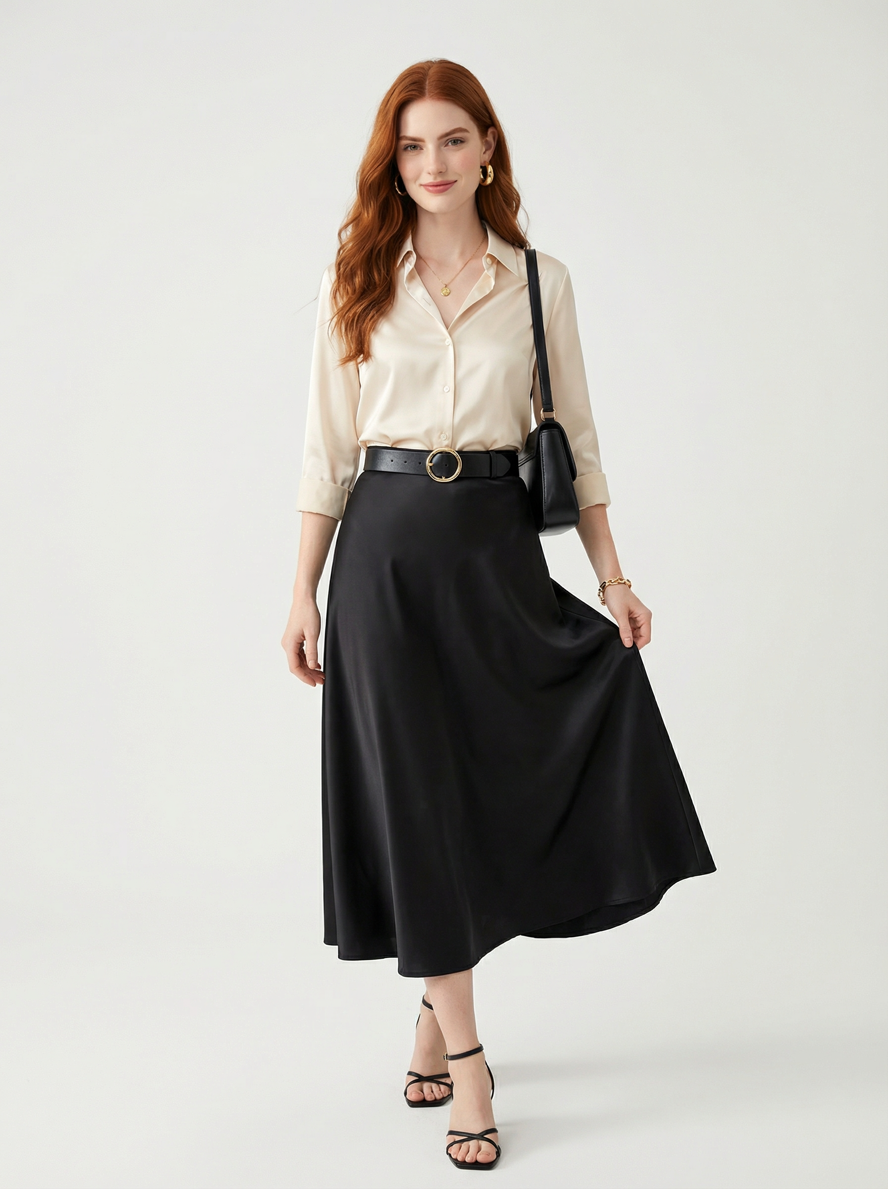 Silk Satin Midi Skirt Black