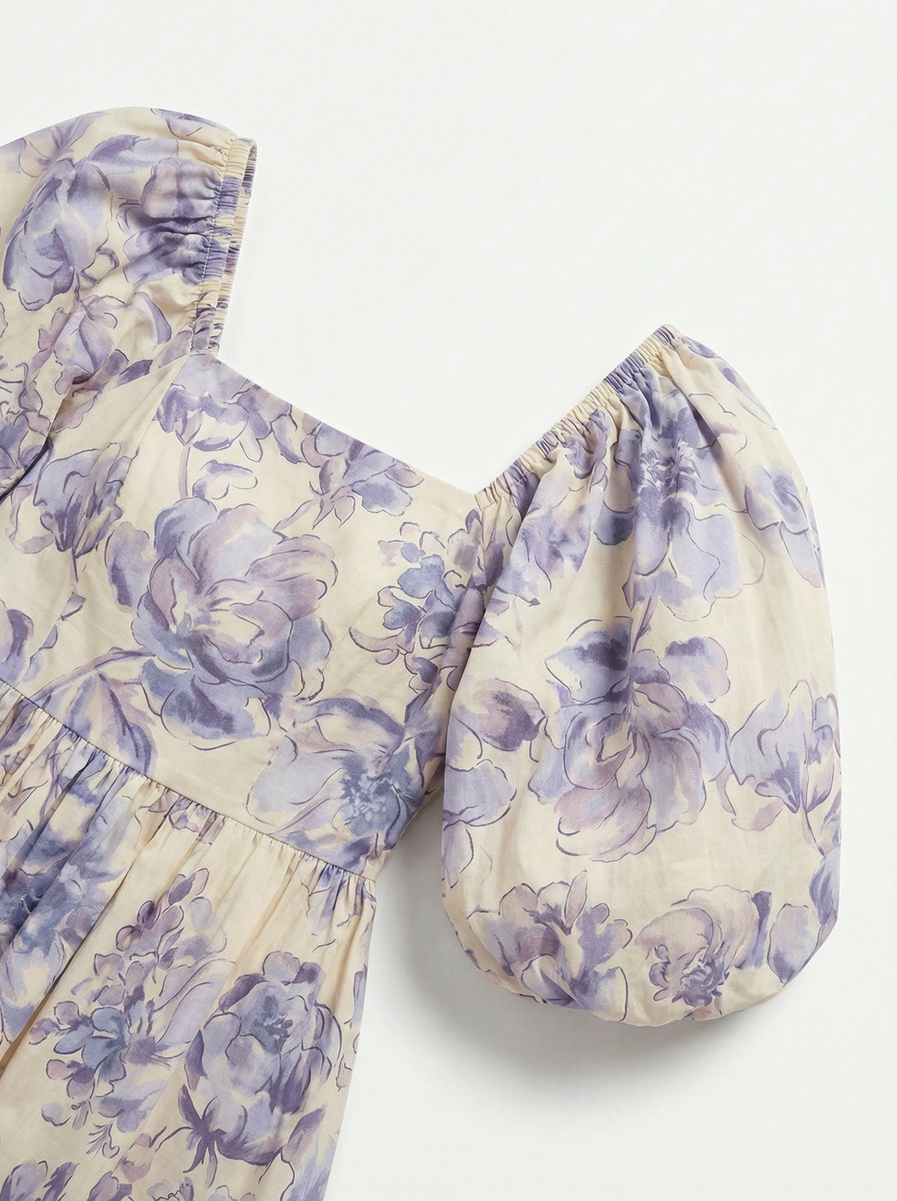 Puff Sleeves Blossom Blue Floral Midi Dress