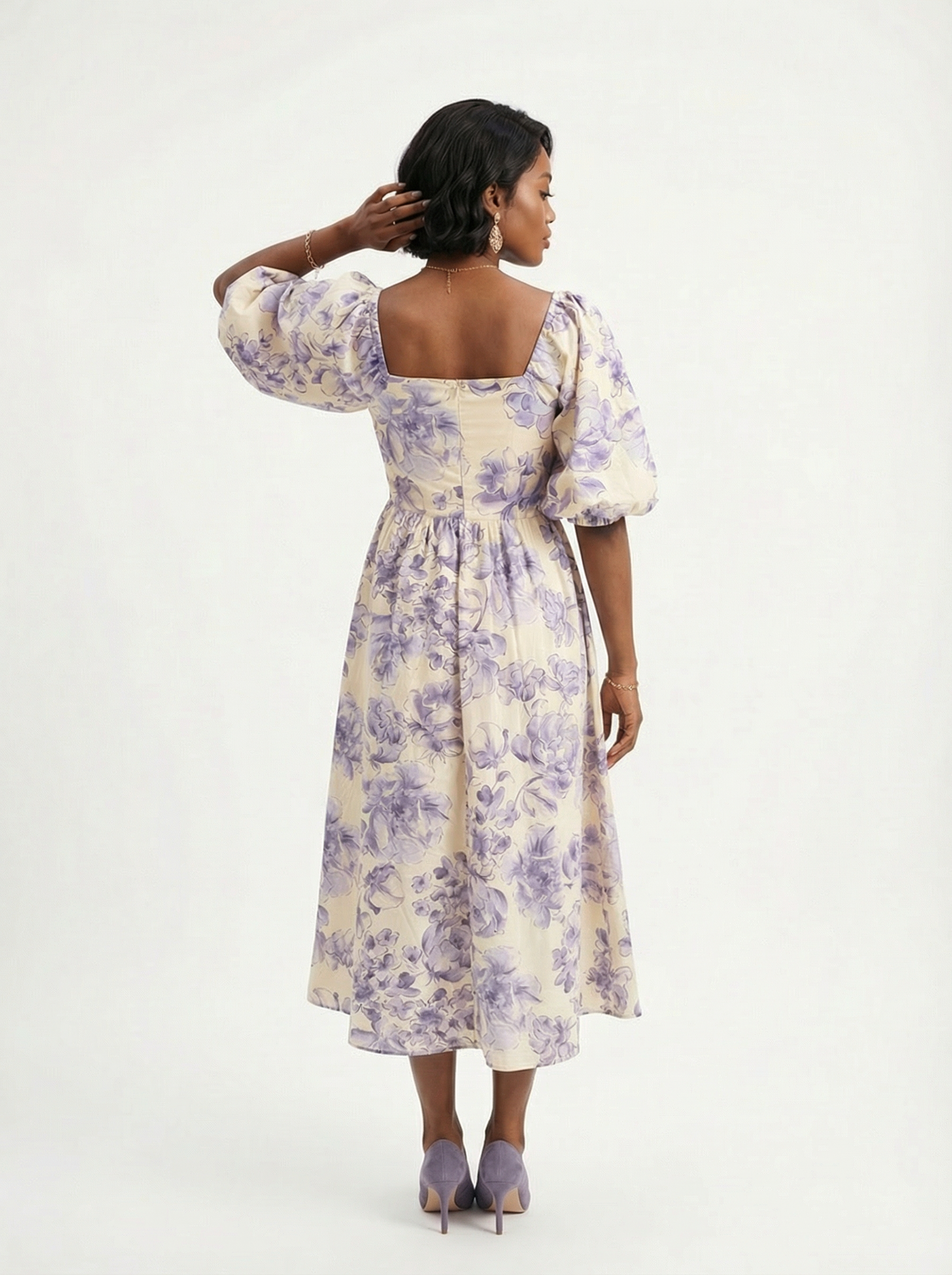 Puff Sleeves Blossom Blue Floral Midi Dress