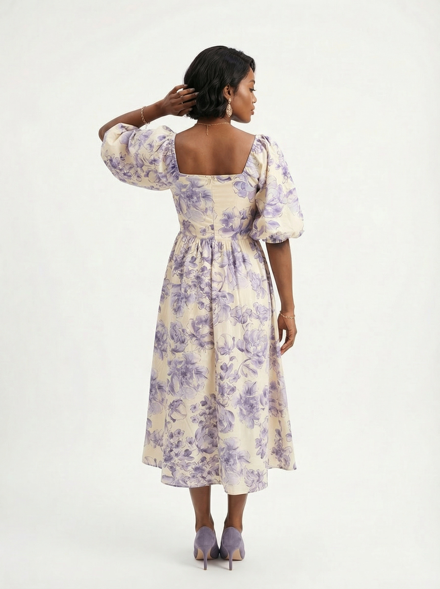 Puff Sleeves Blossom Blue Floral Midi Dress