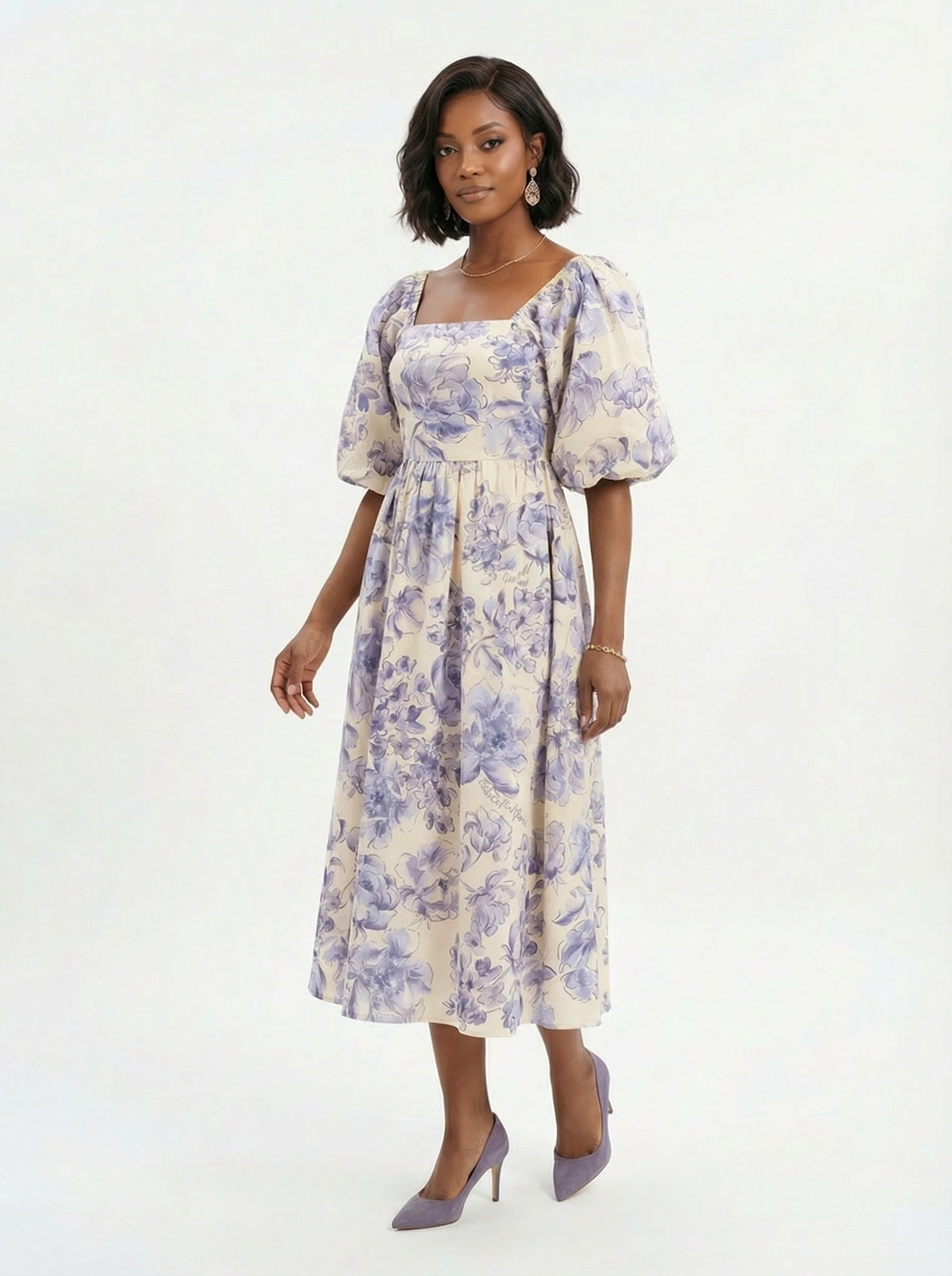 Puff Sleeves Blossom Blue Floral Midi Dress