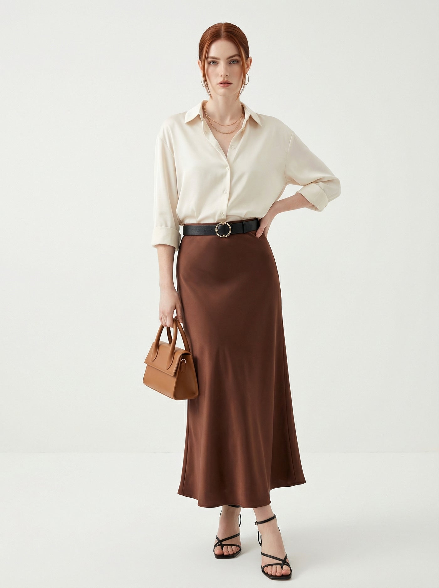 Silk Satin Midi Skirt Brown