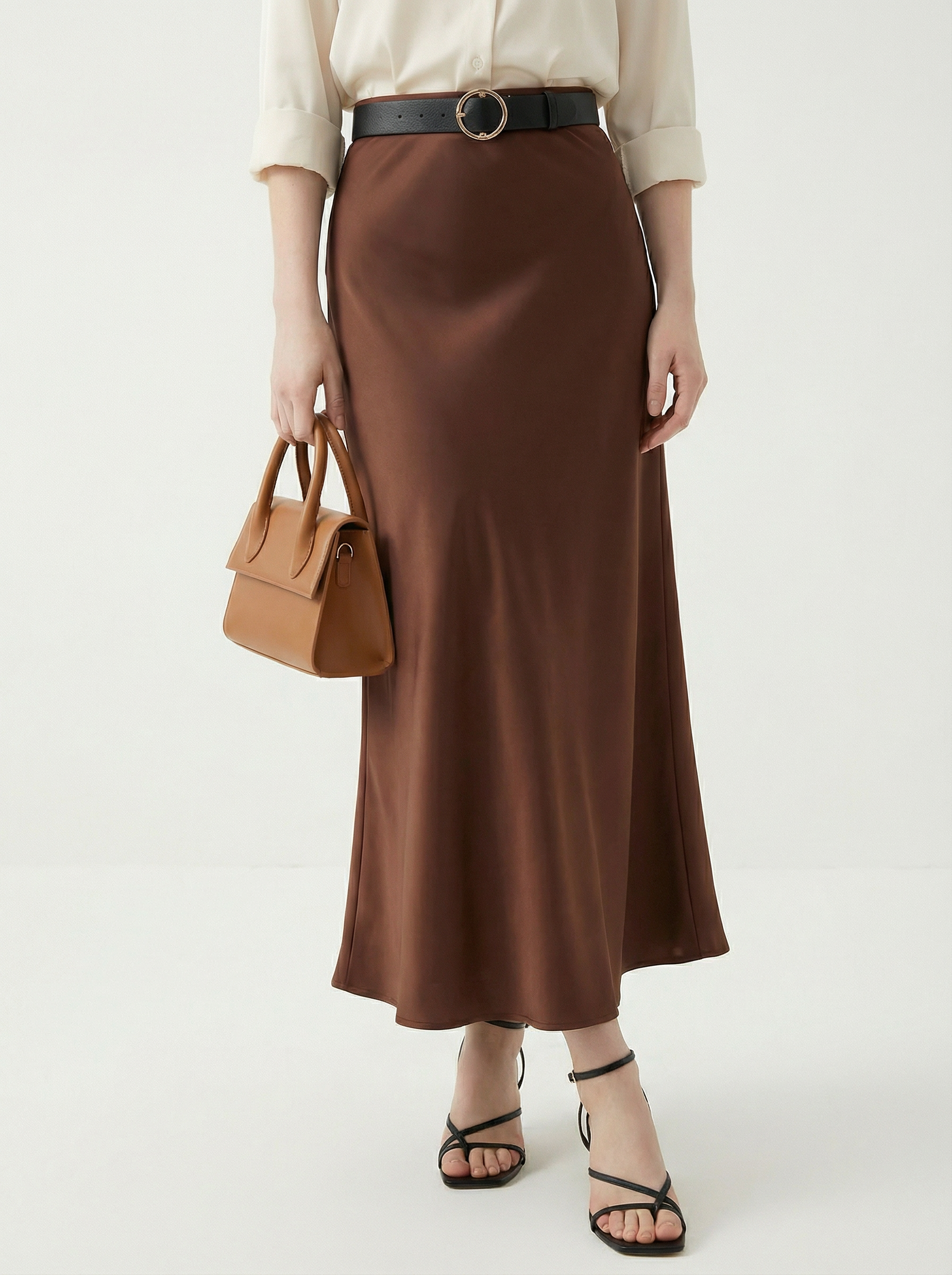 Silk Satin Midi Skirt Brown