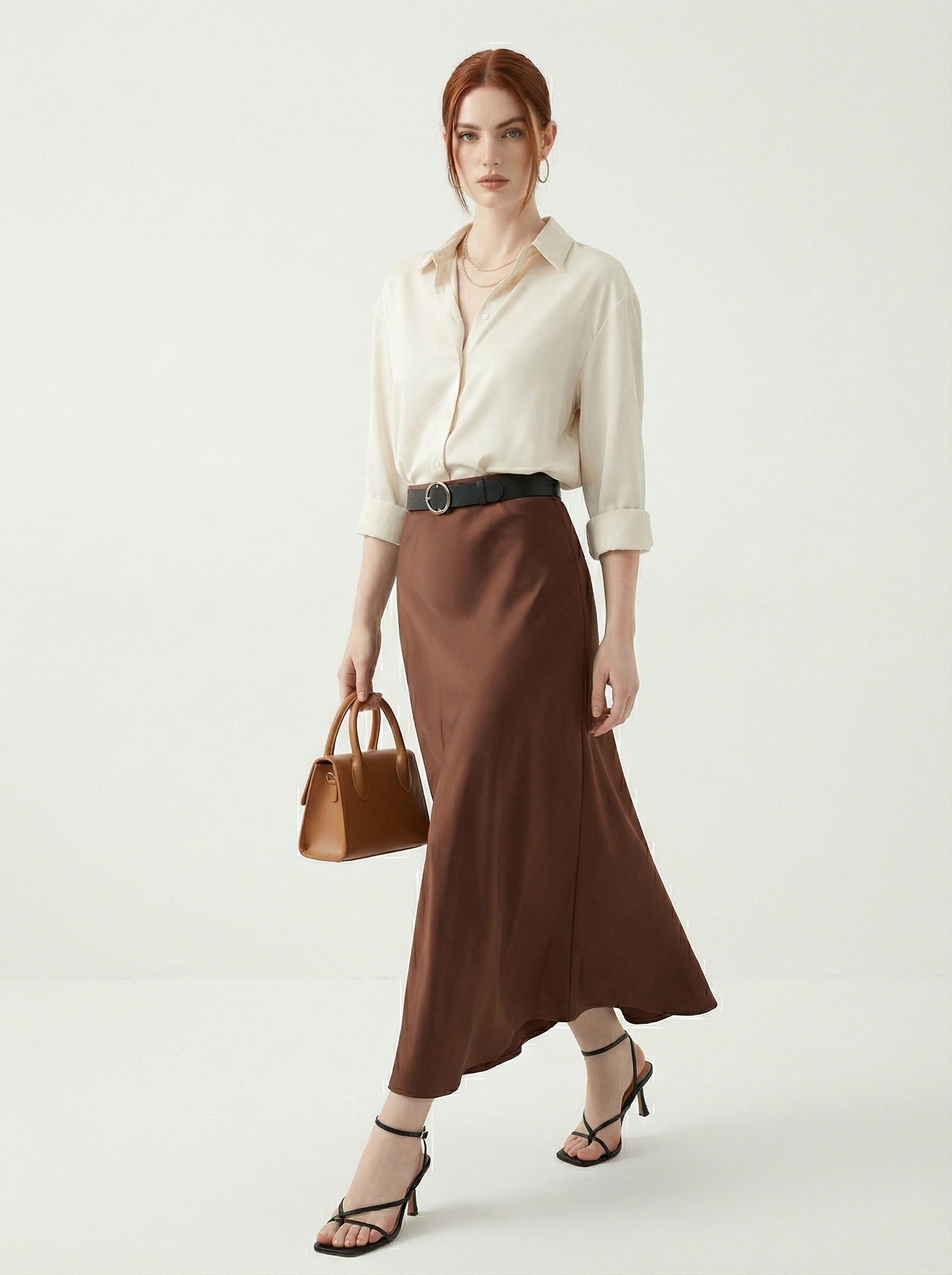 Silk Satin Midi Skirt Brown
