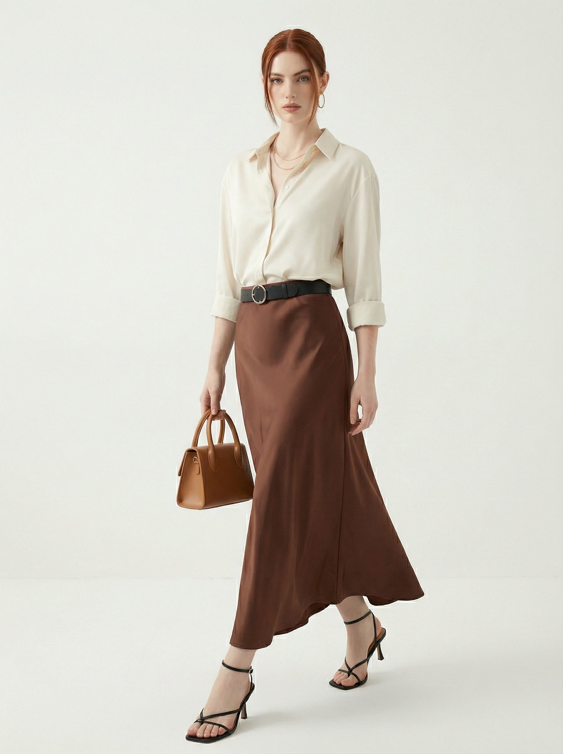 Silk Satin Midi Skirt Brown