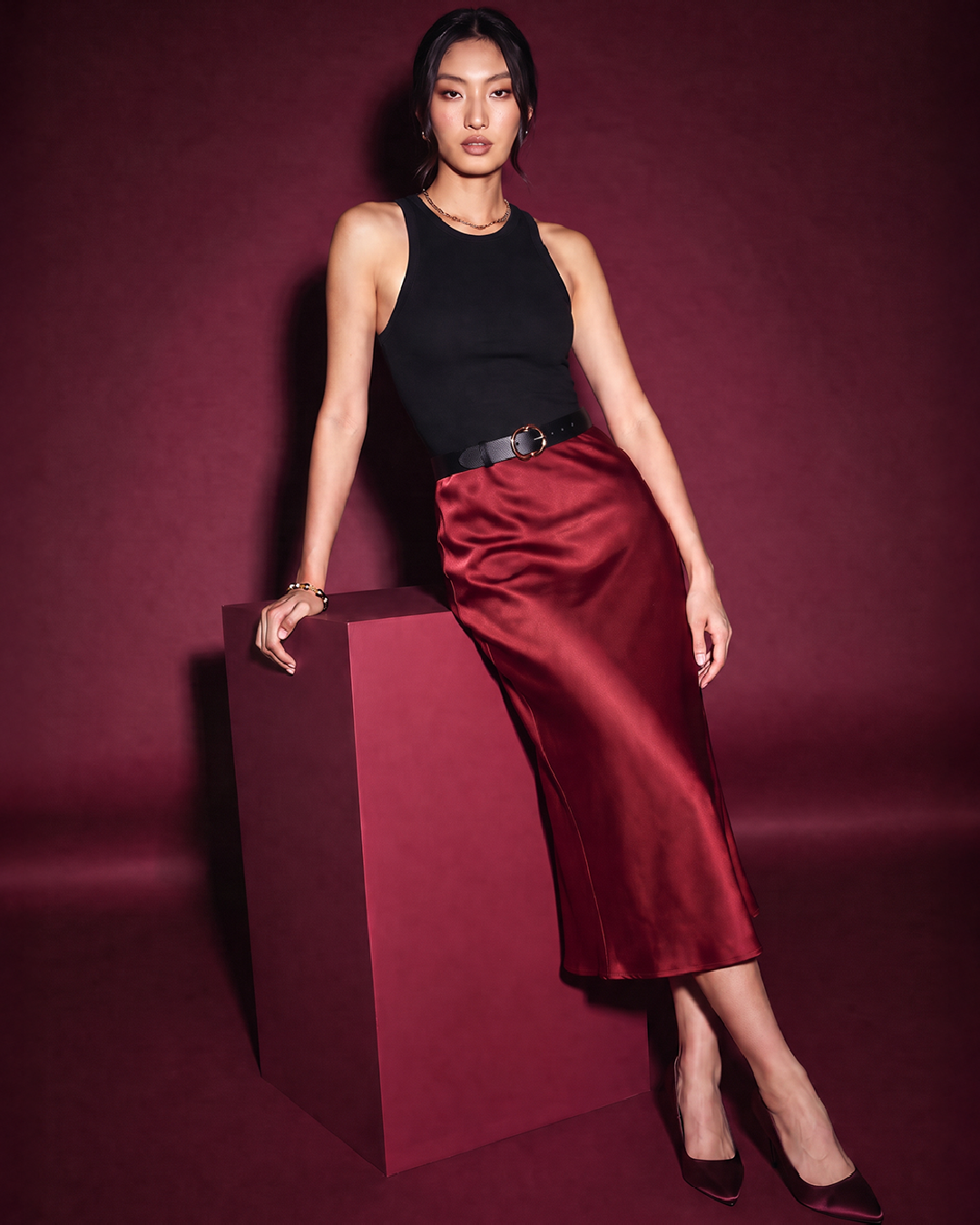 Silk Satin Midi Skirt Wine Red