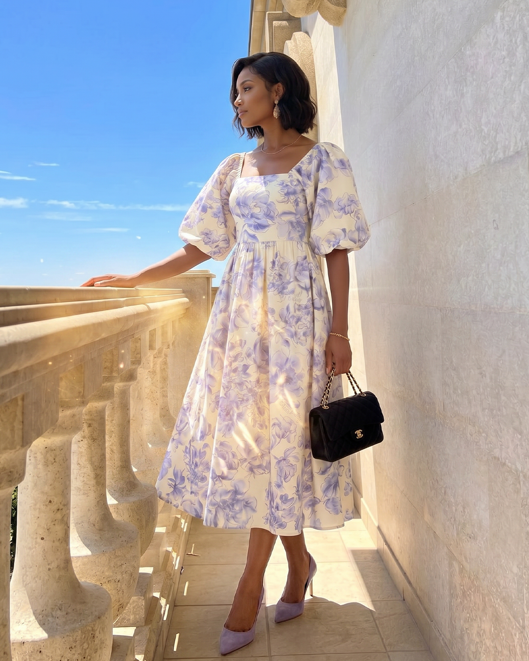 Puff Sleeves Blossom Blue Floral Midi Dress