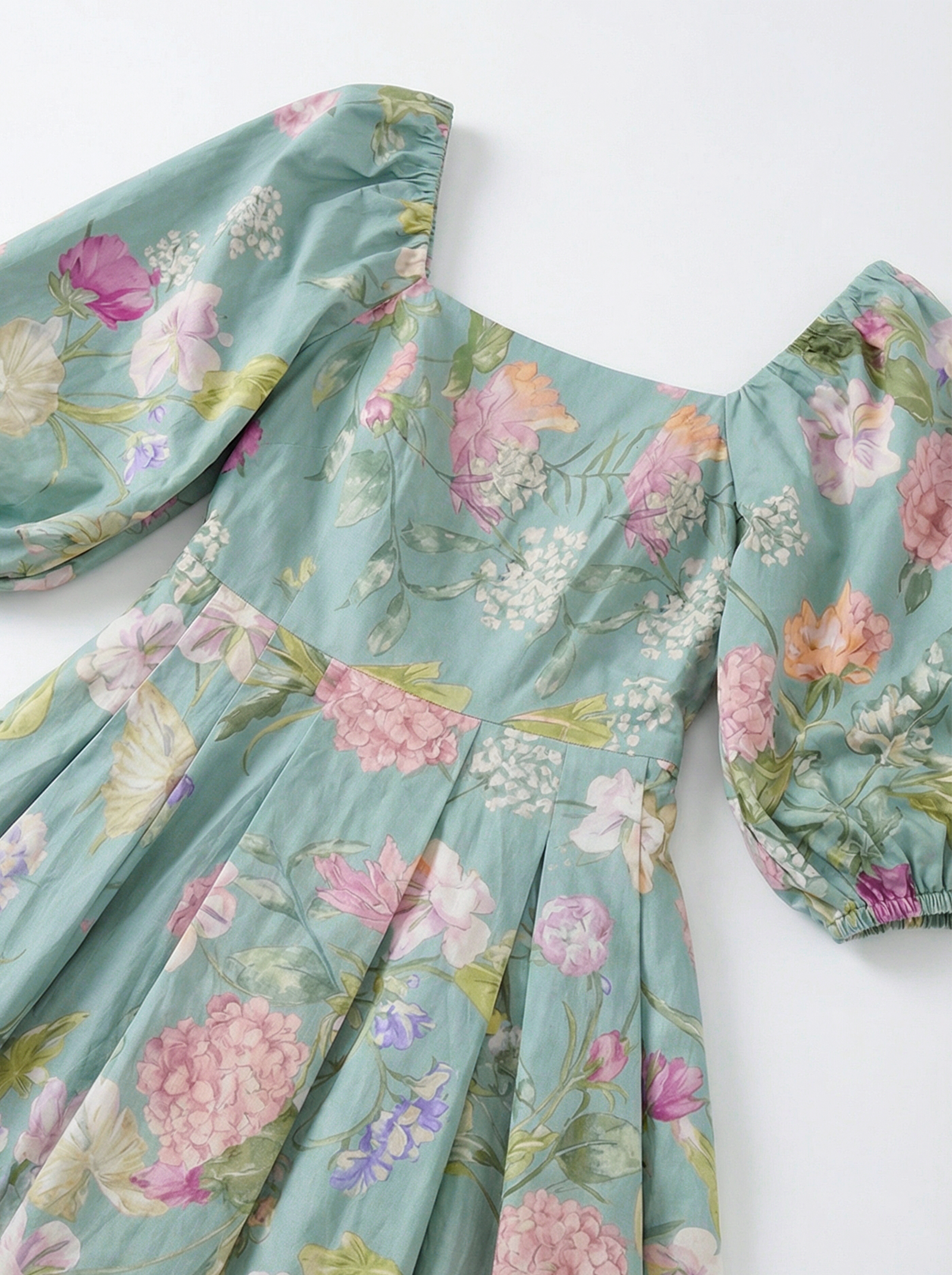 Balloon Puff Floral Green Midi Dress