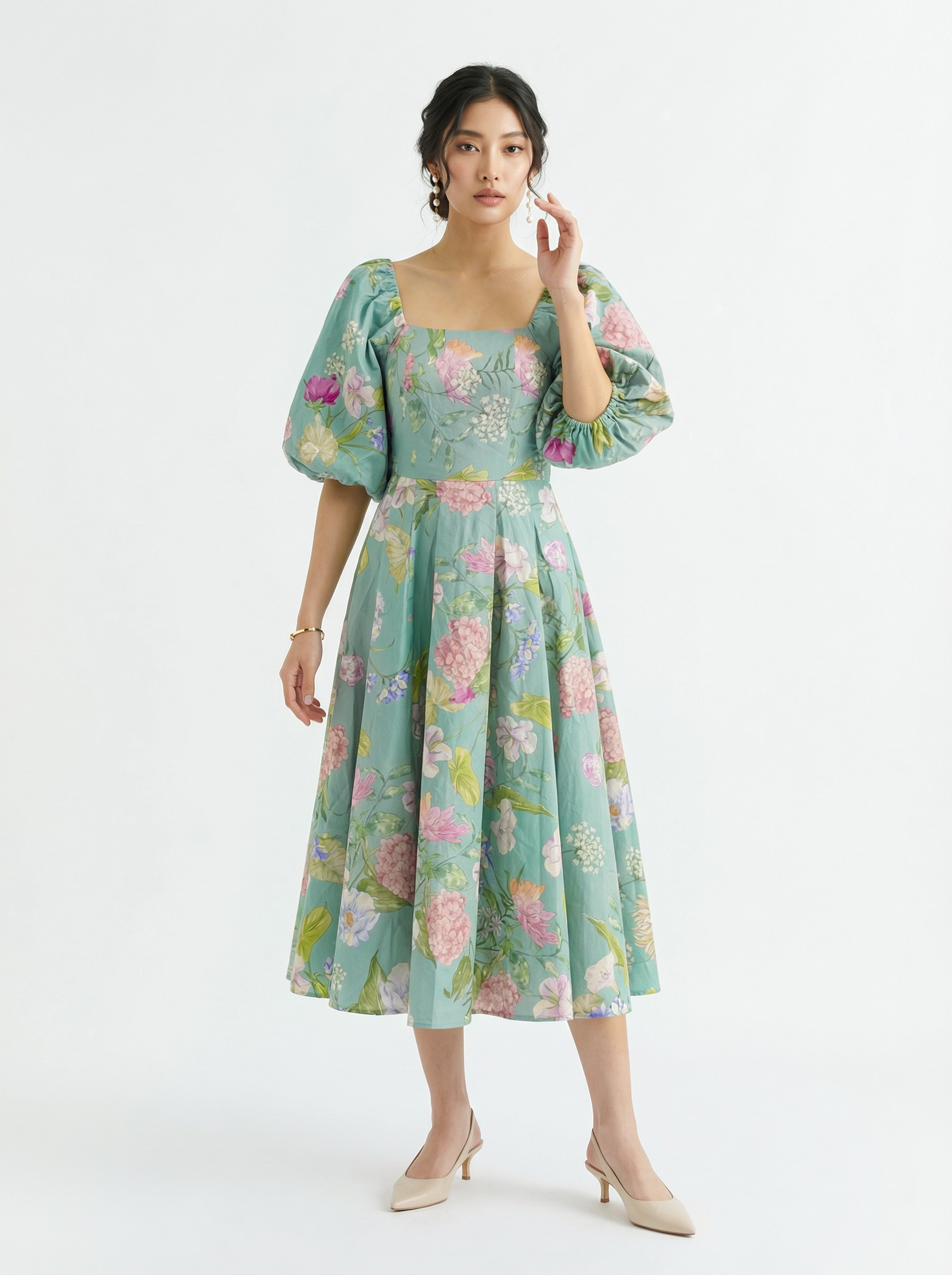 Balloon Puff Floral Green Midi Dress