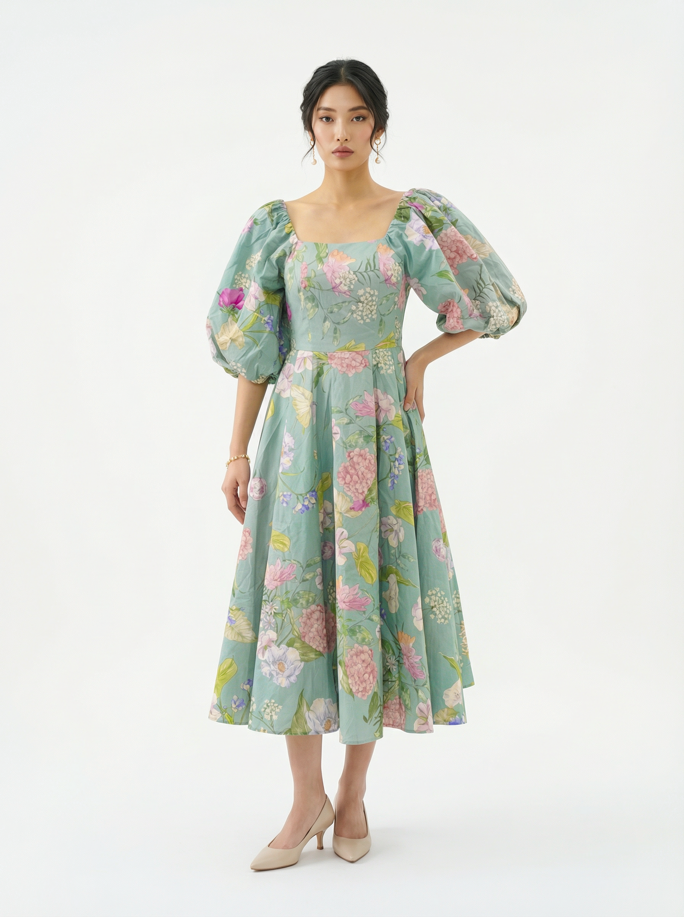 Balloon Puff Floral Green Midi Dress