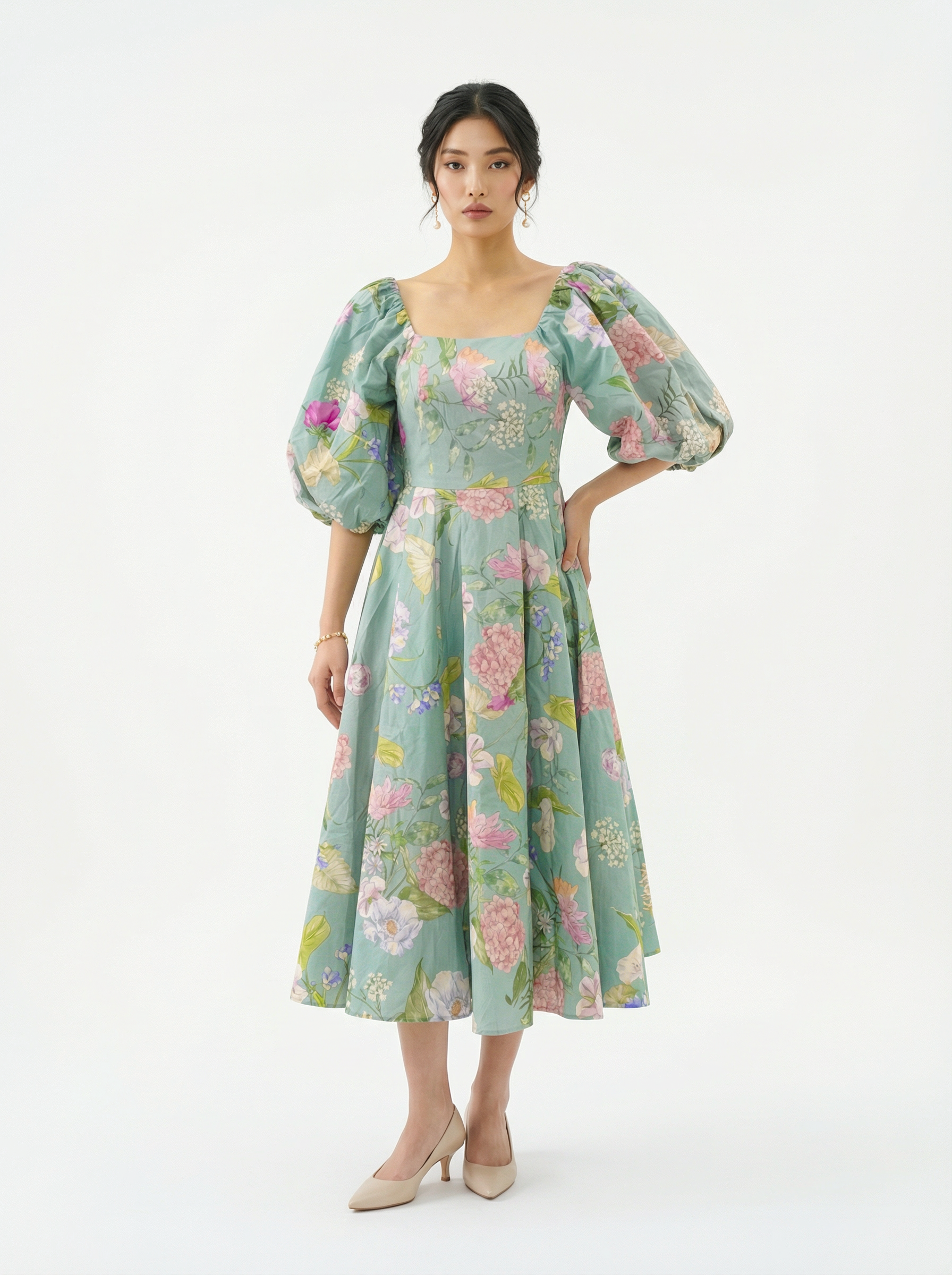 Balloon Puff Floral Green Midi Dress