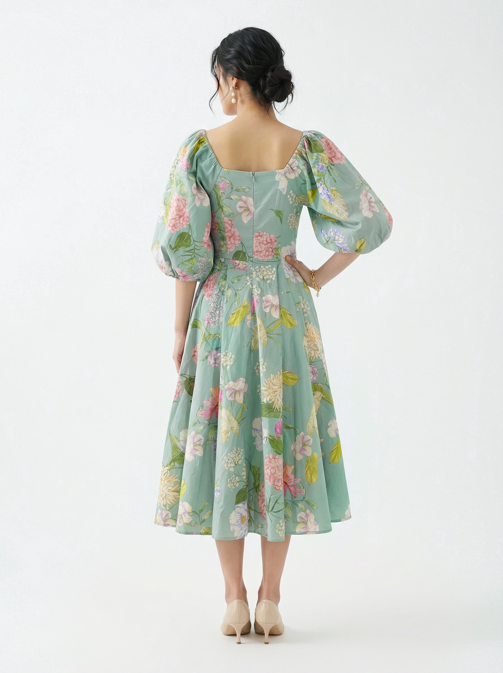Balloon Puff Floral Green Midi Dress