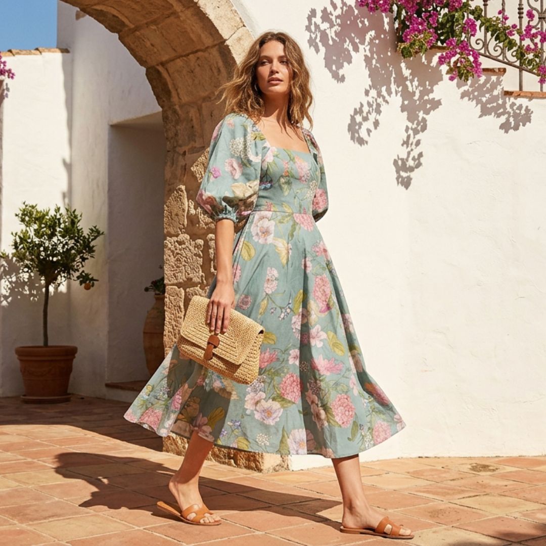 Balloon Puff Floral Green Midi Dress