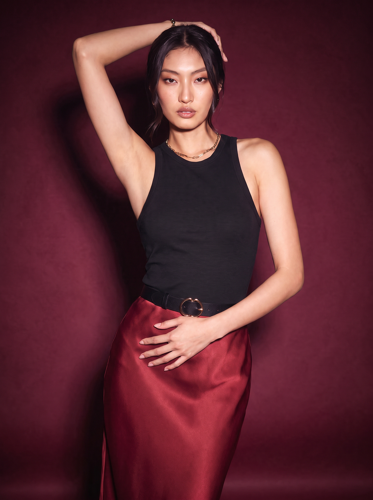 Silk Satin Midi Skirt Wine Red