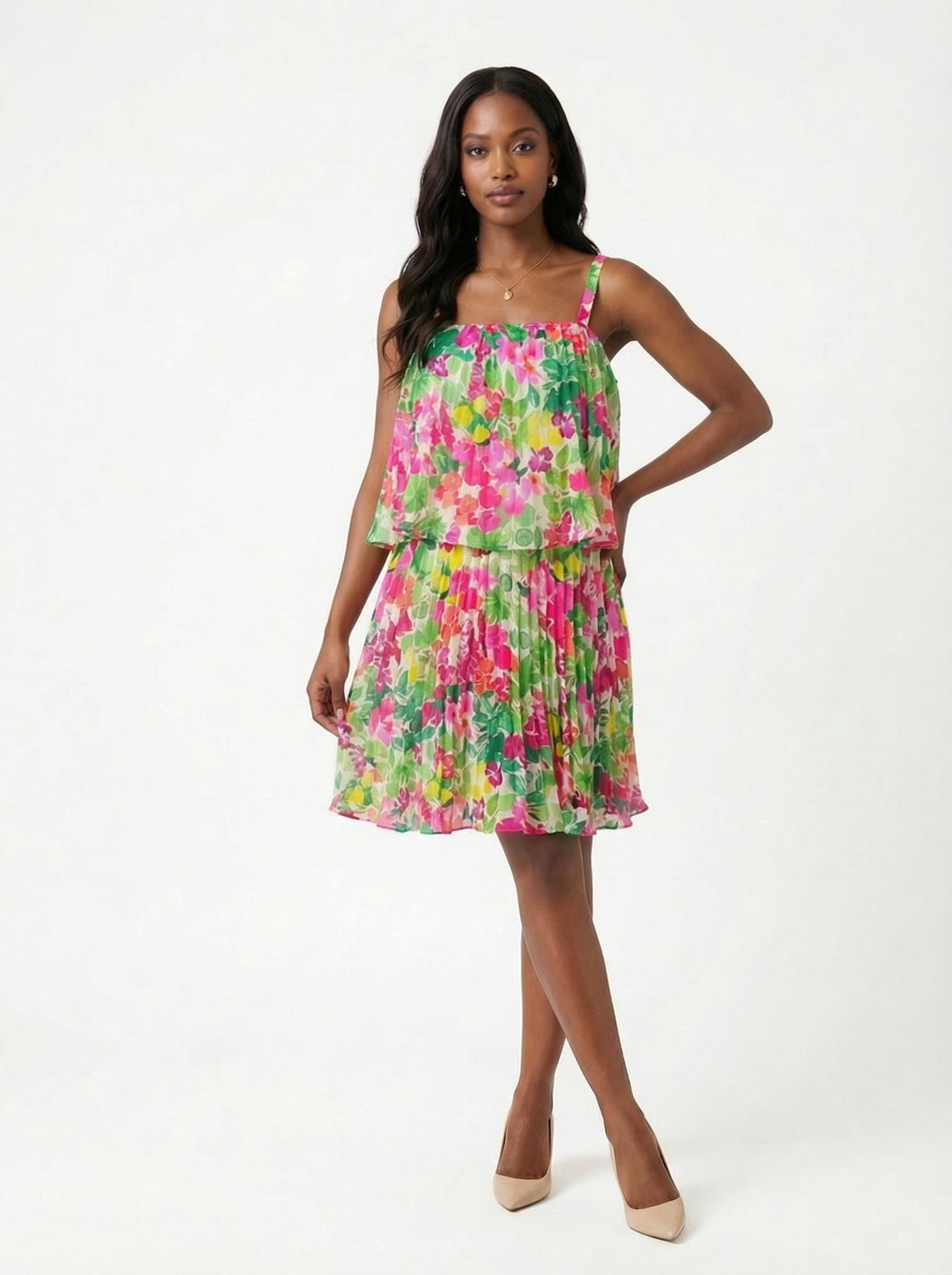 Mixed Floral Pleated Mini Dress