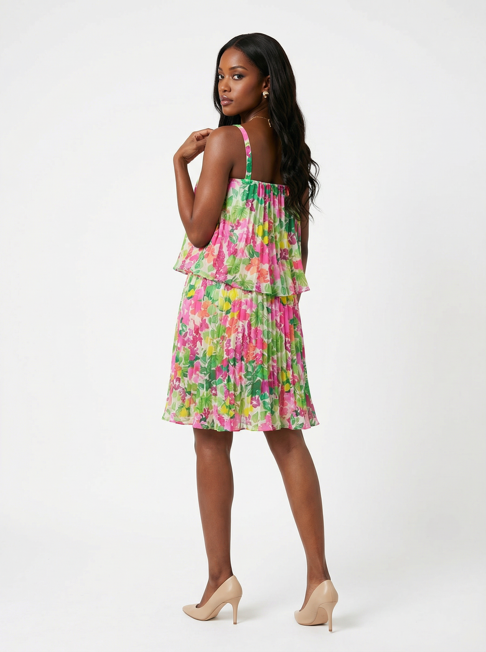 Mixed Floral Pleated Mini Dress