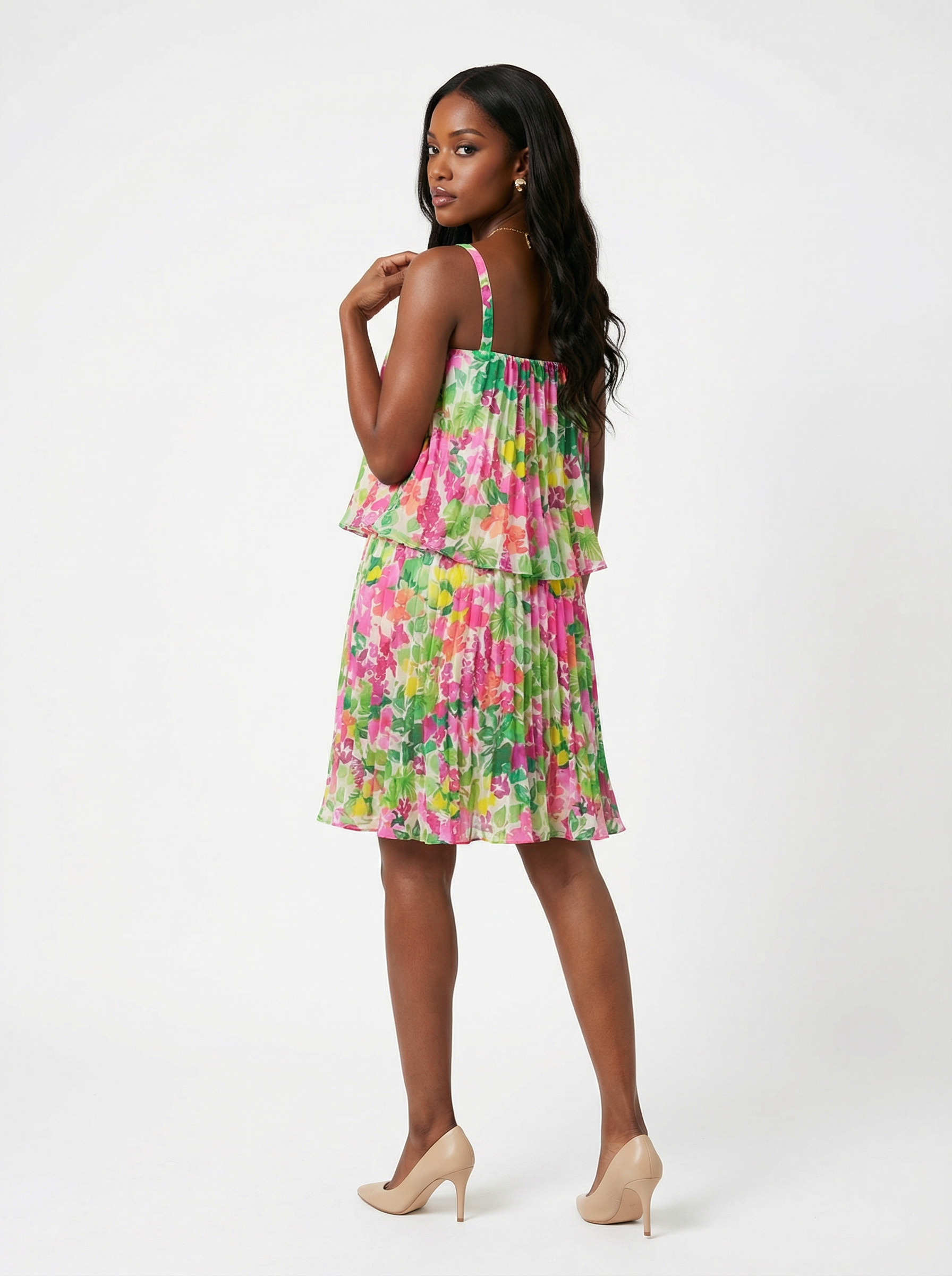 Mixed Floral Pleated Mini Dress