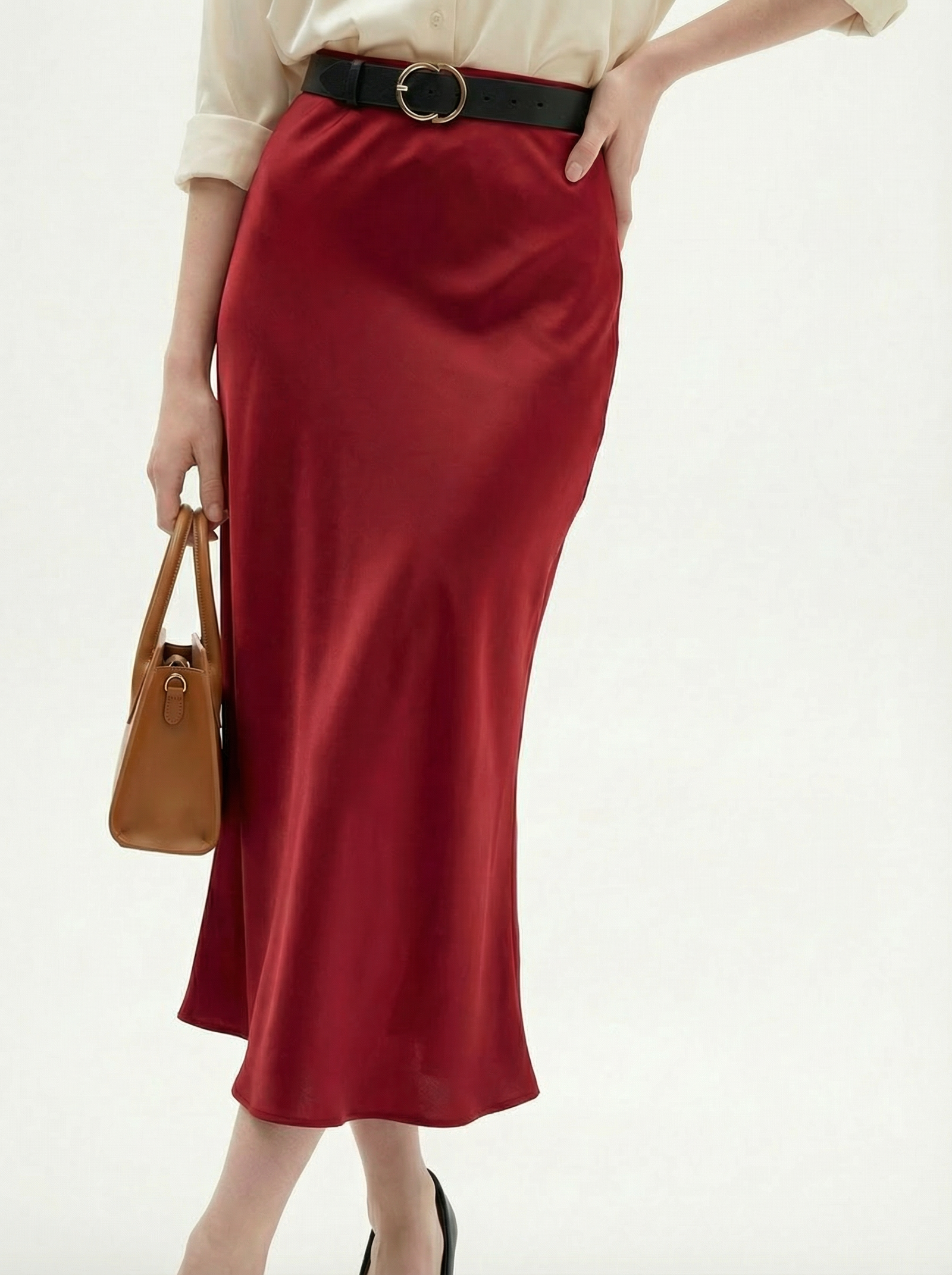Silk Satin Midi Skirt Wine Red