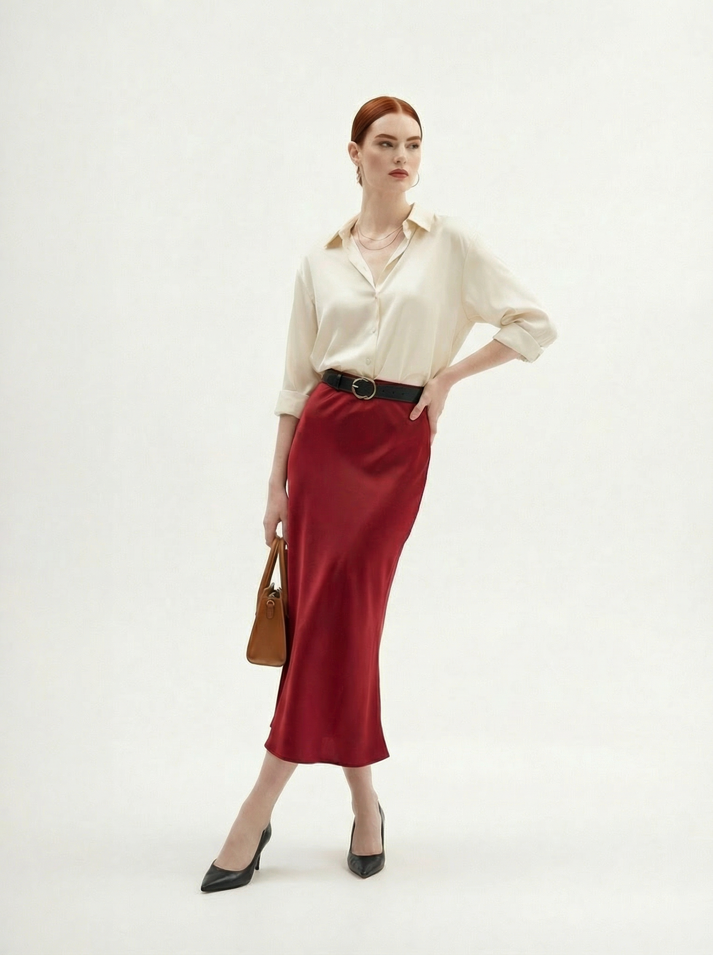 Silk Satin Midi Skirt Wine Red