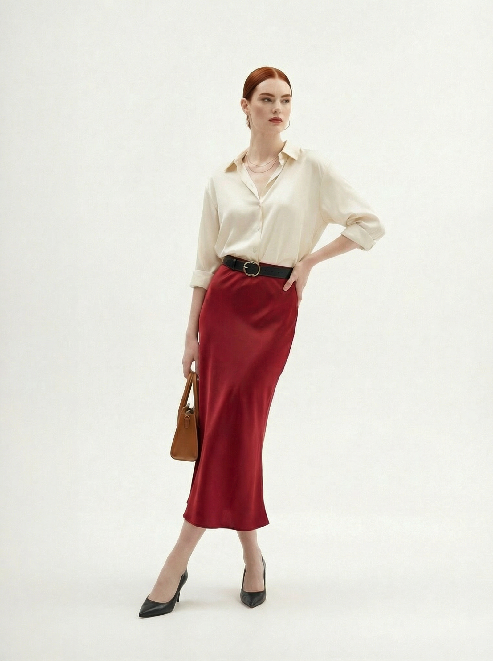Silk Satin Midi Skirt Wine Red