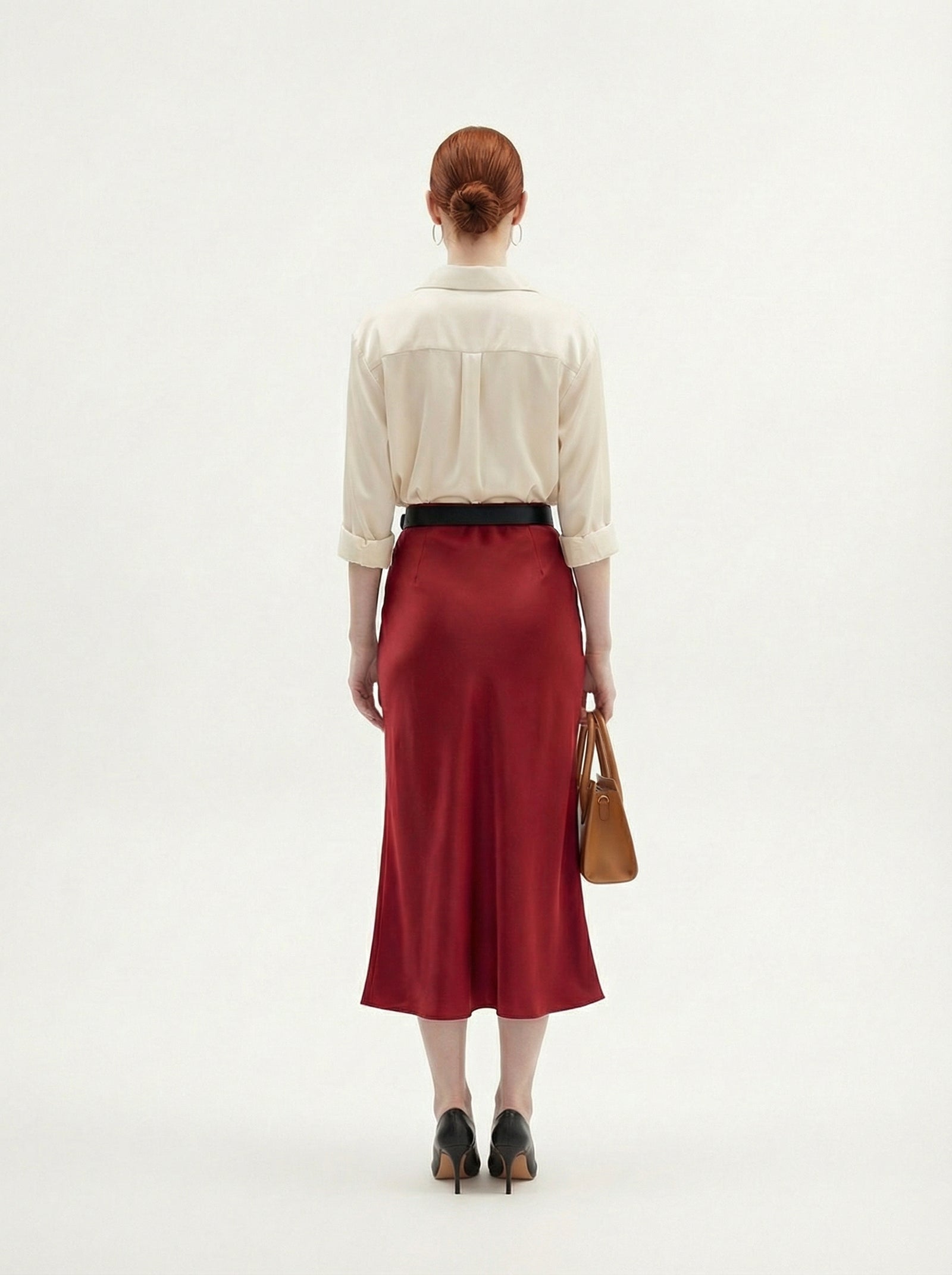 Silk Satin Midi Skirt Wine Red