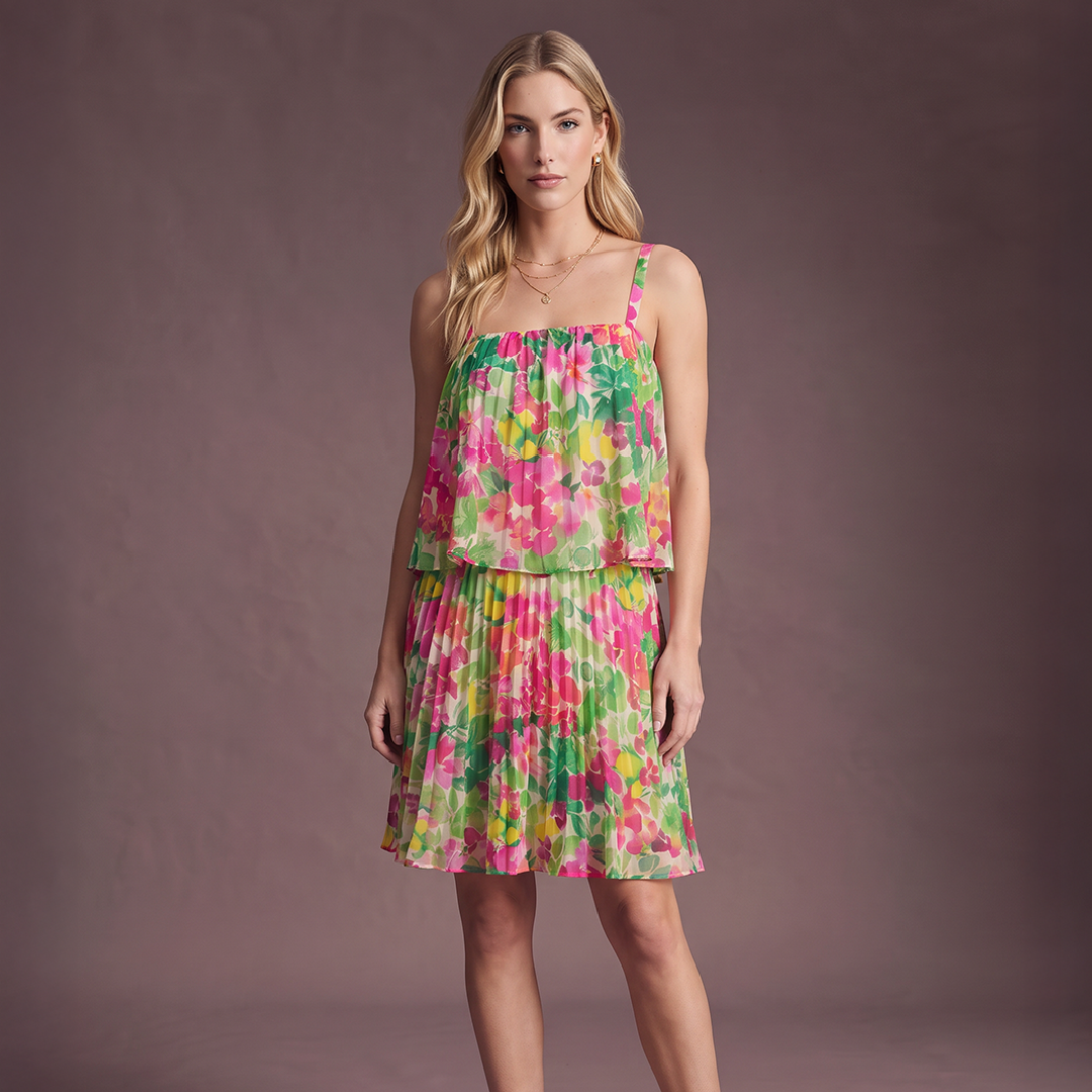 Mixed Floral Pleated Mini Dress