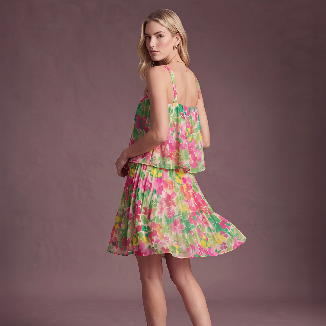 Mixed Floral Pleated Mini Dress