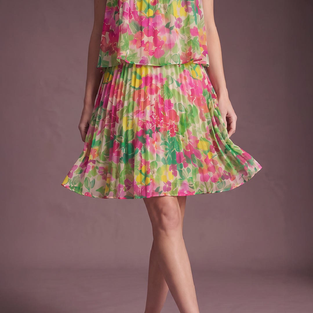 Mixed Floral Pleated Mini Dress
